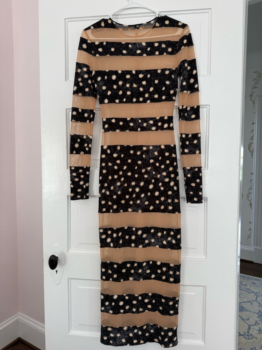 Black and Tan Striped Mesh Polka Dot Long Sleeve Dress